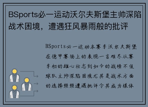 BSports必一运动沃尔夫斯堡主帅深陷战术困境，遭遇狂风暴雨般的批评
